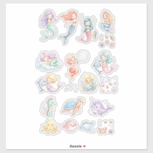 Cute Mermaid & Ocean Animals Sticker Set – Pastel (Vel)
