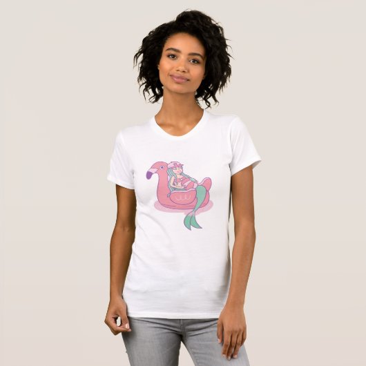 Cute Mermaid op Flamingo Pool Float Summer T-shirt (Voorkant volledig)