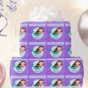 Cute Mermaid Paars Glitter Personalized Birthday Cadeaupapier
