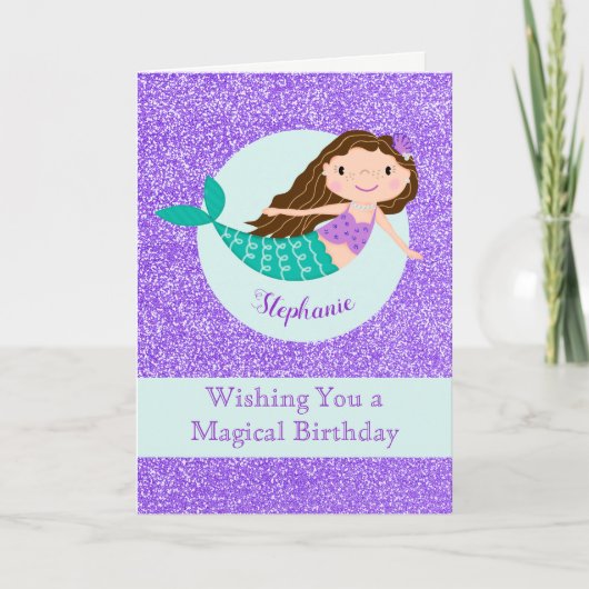 Cute Mermaid Paars Glitter Personalized Kaart (Voorkant)