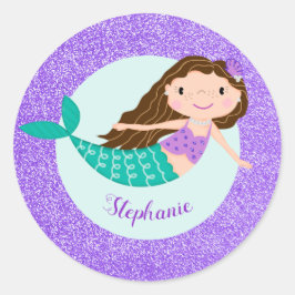 Cute Mermaid Paars Glitter Personalized Ronde Sticker