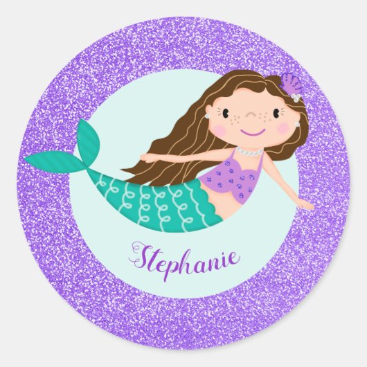Cute Mermaid Paars Glitter Personalized Ronde Sticker (Voorkant)