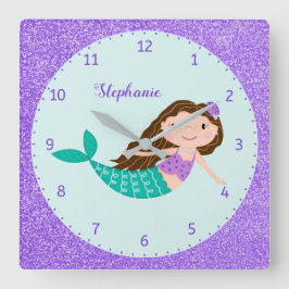 Cute Mermaid Paars Glitter Personalized Vierkante Klok