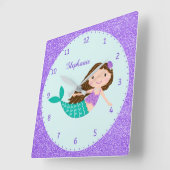 Cute Mermaid Paars Glitter Personalized Vierkante Klok (Hoek)