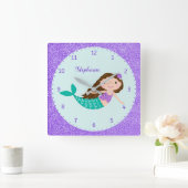 Cute Mermaid Paars Glitter Personalized Vierkante Klok (Huis)