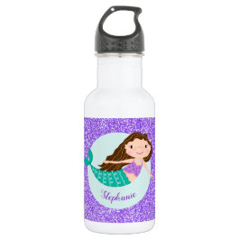 Cute Mermaid Paars Glitter Personalized Waterfles