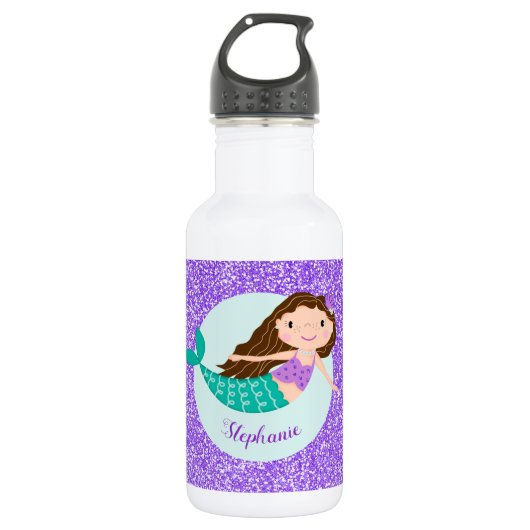 Cute Mermaid Paars Glitter Personalized Waterfles (Voorkant)