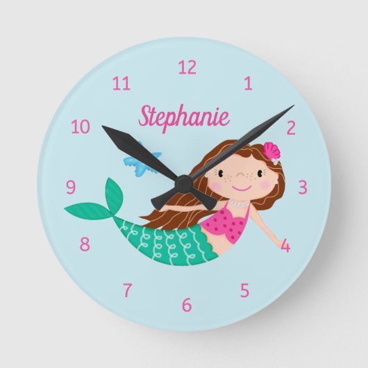 Cute Mermaid Personalized Blue Ronde Klok (Voorkant)