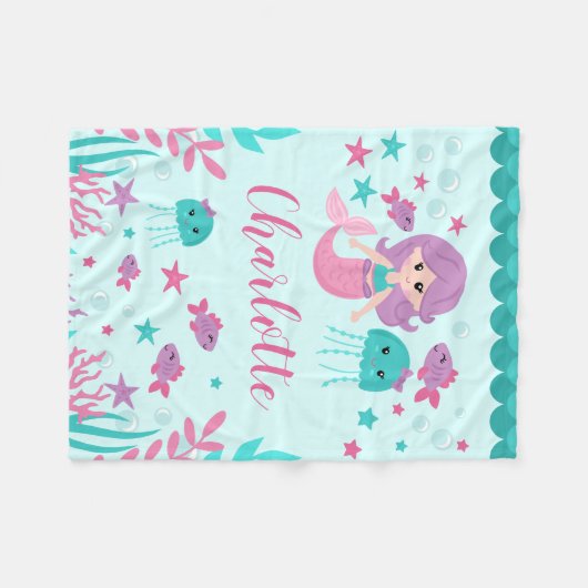 Cute Mermaid Personalized Girl Fleece Deken (Voorkant (Horizontaal))