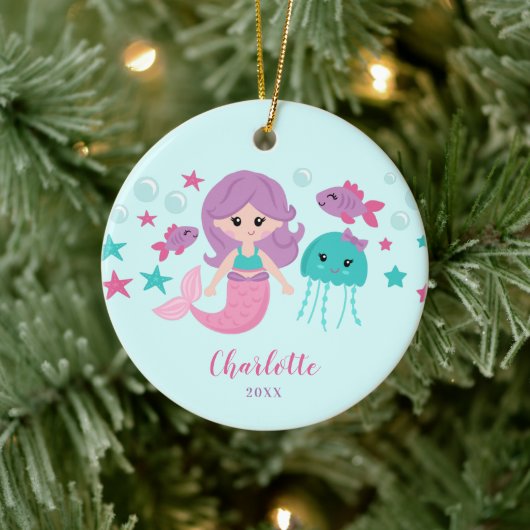 Cute Mermaid Personalized Girl Keramisch Ornament (Boom)