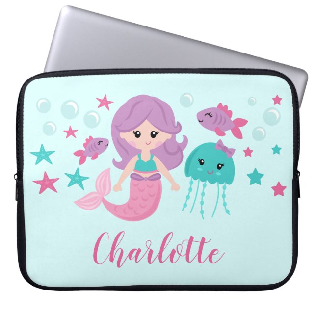 Cute Mermaid Personalized Girl Laptop Sleeve (Voorkant)