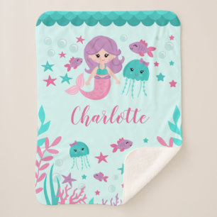 Cute Mermaid Personalized Girl Sherpa Deken