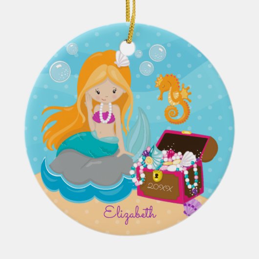 Cute Mermaid Personalized kerstversiering Keramisch Ornament (Voorkant)