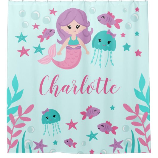 Cute Mermaid Personalized Kinderen Douchegordijn (Voorkant)