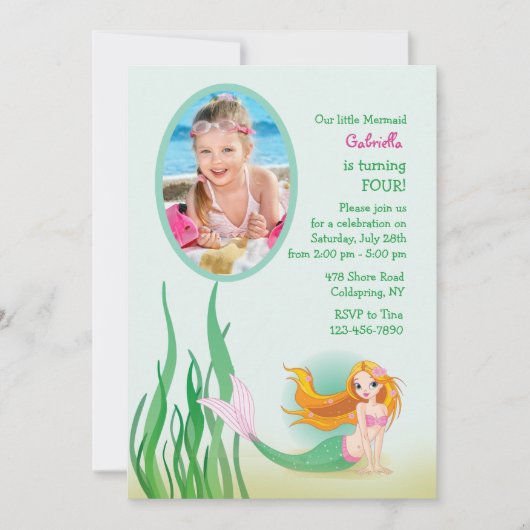 Cute Mermaid Photo Invitation Kaart (Voorkant)