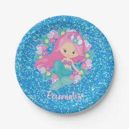 Cute Mermaid Pink Blue Glitter Personaliseren Papieren Bordje