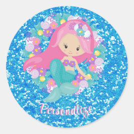 Cute Mermaid Pink Blue Glitter Personaliseren Ronde Sticker