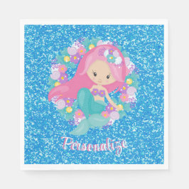 Cute Mermaid Pink Blue Glitter Personaliseren Servet