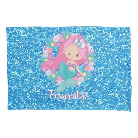 Cute Mermaid Pink Blue Glitter Personated Kussensloop (Voorkant)
