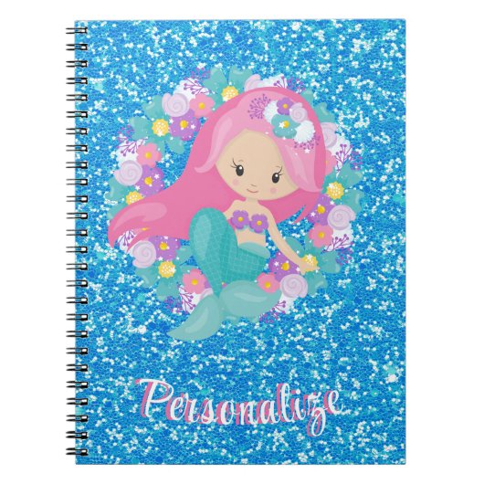 Cute Mermaid Pink Blue Glitter Personated Notitieboek (Voorkant)