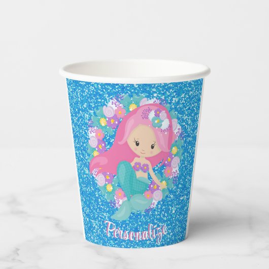 Cute Mermaid Pink Blue Glitter Personated Papieren Bekers (Achterkant)