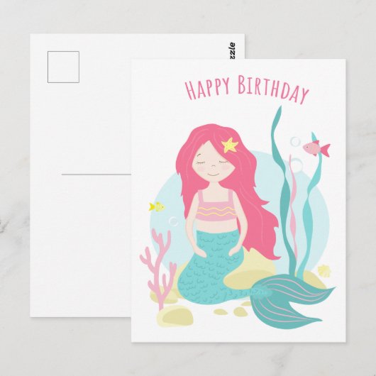 Cute Mermaid Pink en Mint Birthday for Girl Briefkaart (Voorkant / Achterkant)