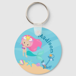 Cute Mermaid Pink Hair Beach Girl Aangepast Sleutelhanger