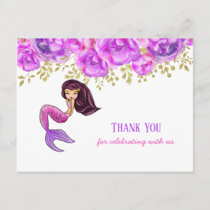 Cute Mermaid   Pink Peonies Floral Hartelijk dank Briefkaart
