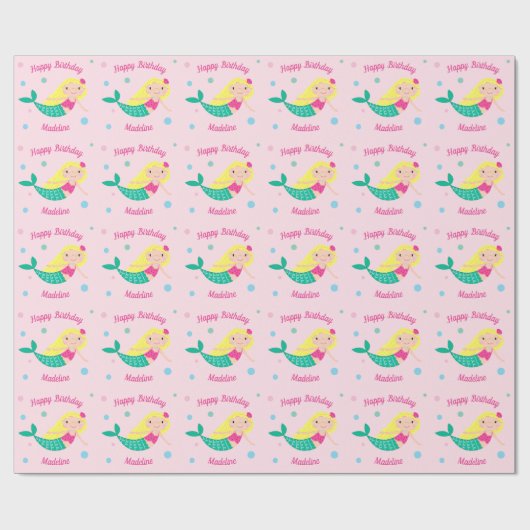 Cute Mermaid Pink Personalized Birthday Wrapping P Cadeaupapier (Vlak)