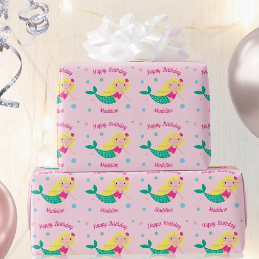 Cute Mermaid Pink Personalized Birthday Wrapping P Cadeaupapier
