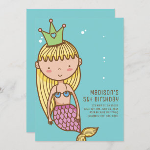 Cute Mermaid Princess Birthday Party Invitation Kaart