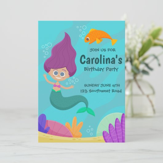Cute Mermaid Printable Birthday Invitation Kaart (Staand voorkant)