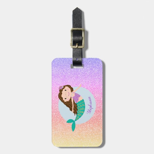 Cute Mermaid Rainbow Glitter Personalized Bagagelabel (Voorkant verticaal)