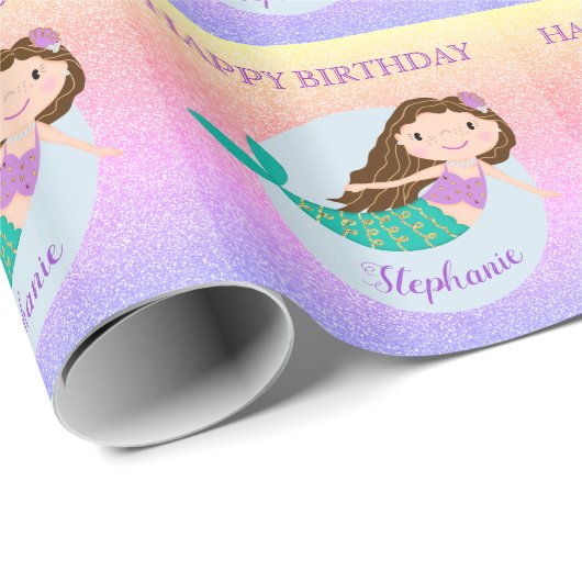 Cute Mermaid Rainbow Glitter Personalized Birthday Cadeaupapier (Rol Hoek)
