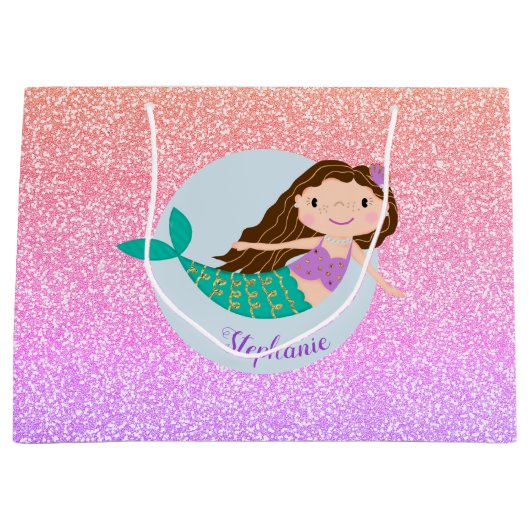 Cute Mermaid Rainbow Glitter Personalized Groot Cadeauzakje (Voorkant)