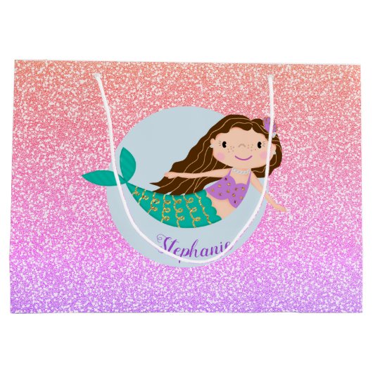 Cute Mermaid Rainbow Glitter Personalized Groot Cadeauzakje (Achterkant)