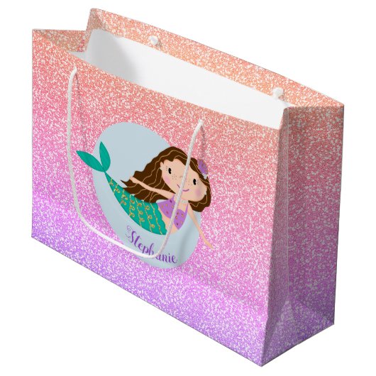 Cute Mermaid Rainbow Glitter Personalized Groot Cadeauzakje (Voorkant Gekanteld)
