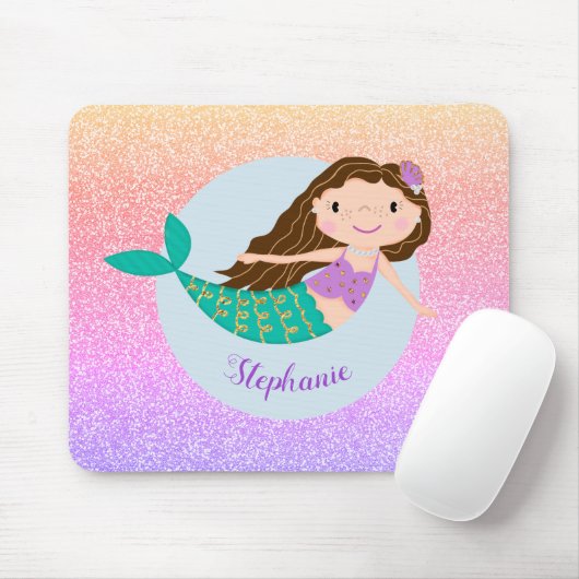 Cute Mermaid Rainbow Glitter Personalized Muismat (Met muis)