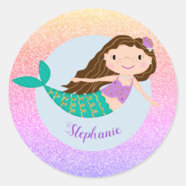 Cute Mermaid Rainbow Glitter Personalized Ronde Sticker