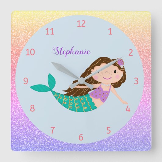 Cute Mermaid Rainbow Glitter Personalized Vierkante Klok (Voorkant)