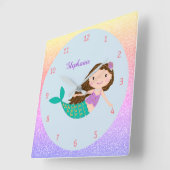 Cute Mermaid Rainbow Glitter Personalized Vierkante Klok (Hoek)