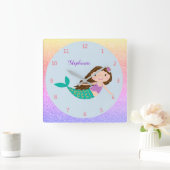 Cute Mermaid Rainbow Glitter Personalized Vierkante Klok (Huis)