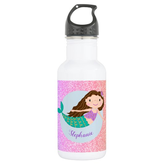 Cute Mermaid Rainbow Glitter Personalized Waterfles (Voorkant)