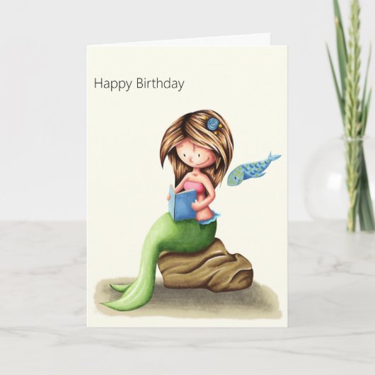 Cute Mermaid Reading Personated Happy Birthday Kaart (Voorkant)