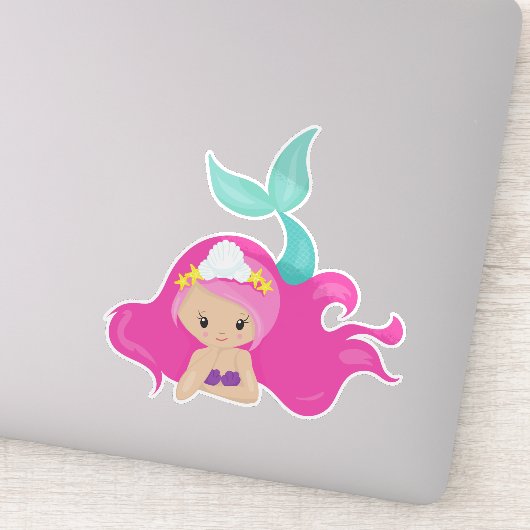 Cute Mermaid, Roze haar, Kleine Zeemeermin, Starfi Sticker (Detail)