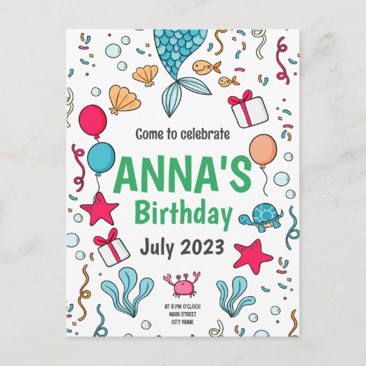 Cute Mermaid Tail, Mermaid Birthday Uitnodiging (Voorkant)