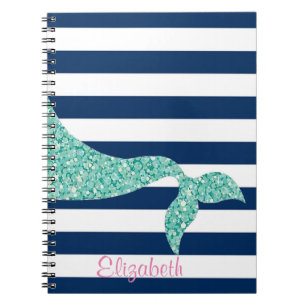 Cute Mermaid Tail, Navy Blue Stripes-Personalized Notitieboek