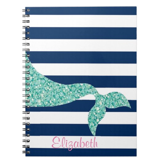Cute Mermaid Tail, Navy Blue Stripes-Personalized Notitieboek (Voorkant)