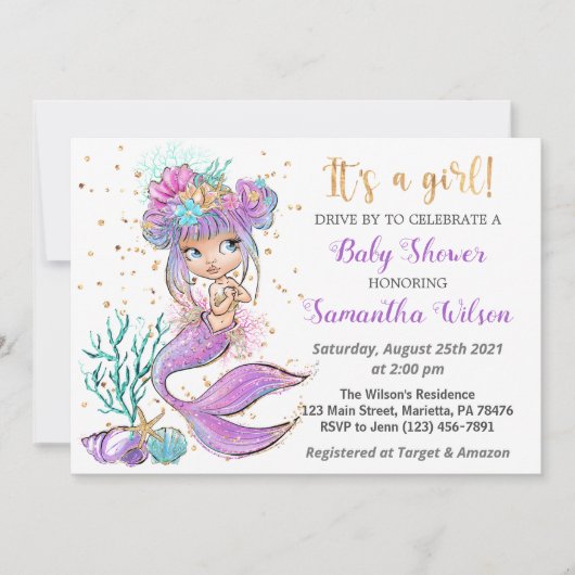 Cute Mermaid under the Zee Baby shower Invitation Kaart (Voorkant)