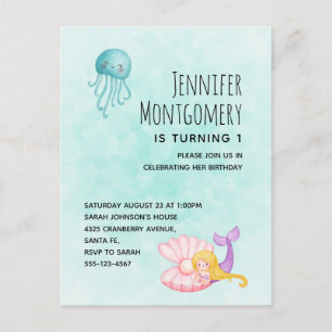 Cute Mermaid under the Zee Waterverf Birthday Uitnodiging Briefkaart